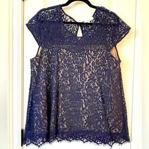 Rose & Olive Navy Lace Blouse, Nude Lining - EUC - XL